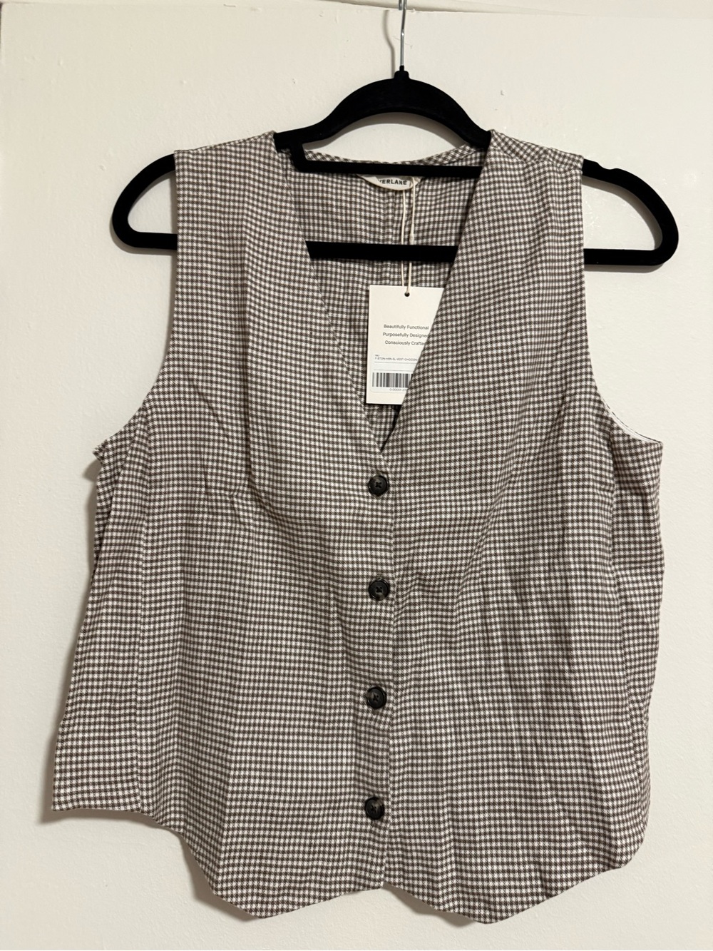 Everlane Taupe and White Gingham Sleeveless Button-Front Top Vest - Picture 1 of 10